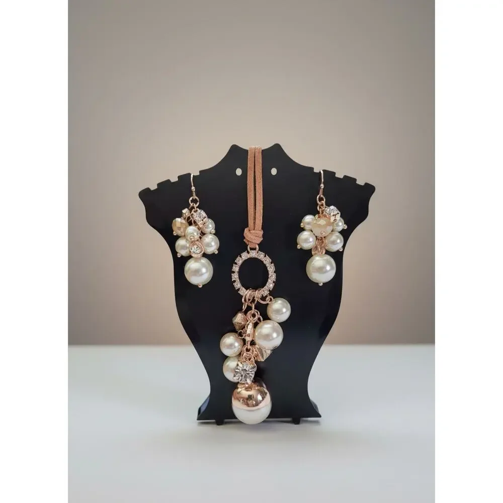 Cato Corded Pearl Cluster Necklace & Earring Set – Rose Gold Tone